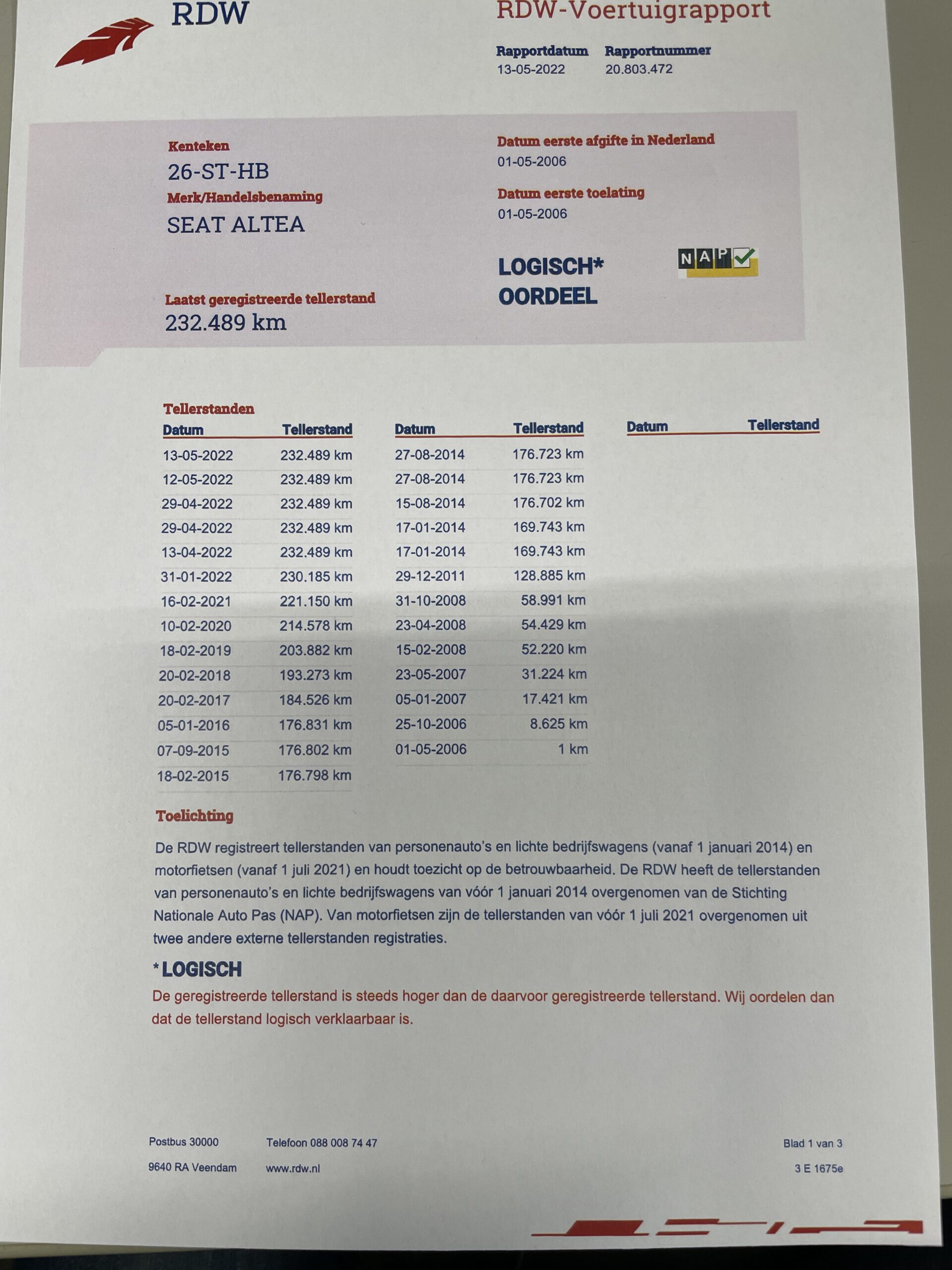 2006 BJ. SEAT ALTEA  1.6 BENZINE REFERENCE 232595  KM. APK 2023  AIRCO NAP